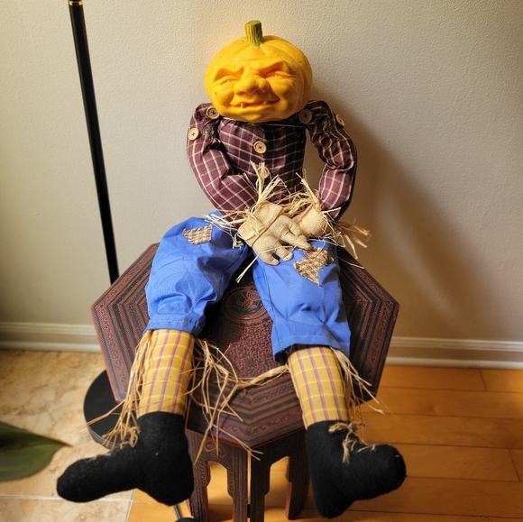 CREEPY 1988 HYMAN FOAM CARVED PUMPKIN ATTACHED SCARECROW HALLOWEEN 36" IN TALL - Picture 1 of 16